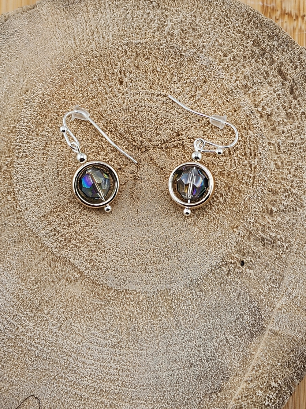 Sterling Silver Tone Iridescent Glass Drop Earrings - Gray
